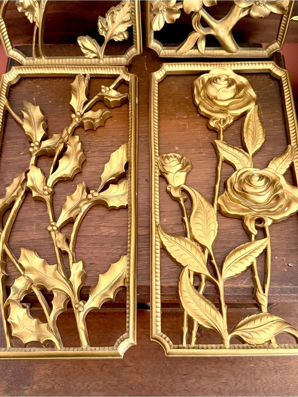Vintage Syroco Gold Metal Botanical Wall Art Set Floral Roses 4 Panel Decor 12x6